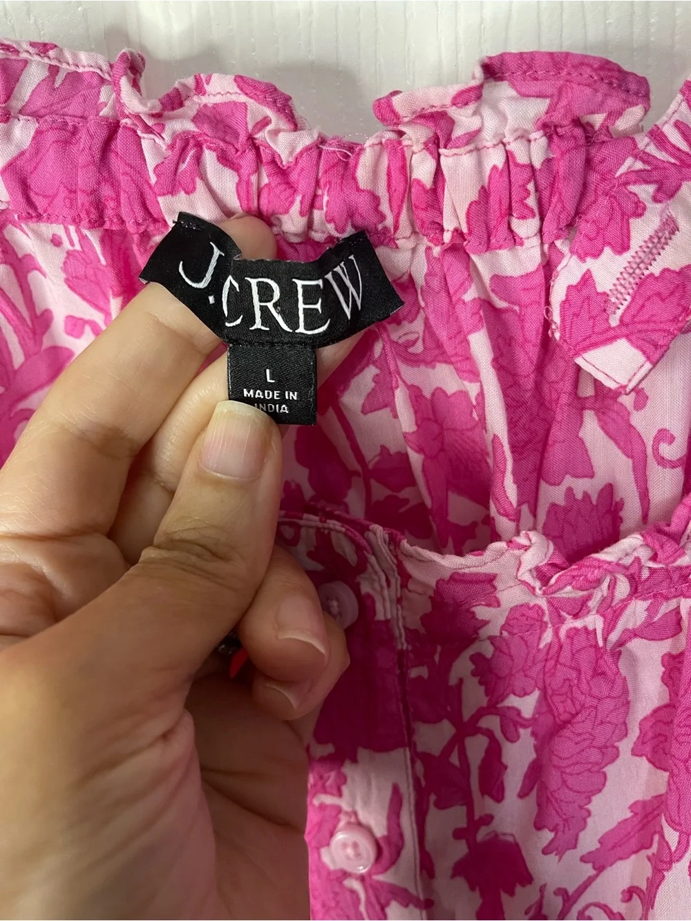 J Crew Preppy Pink Button-front Tank Tiny Rosebud Floral Ruffle lightweight LG.